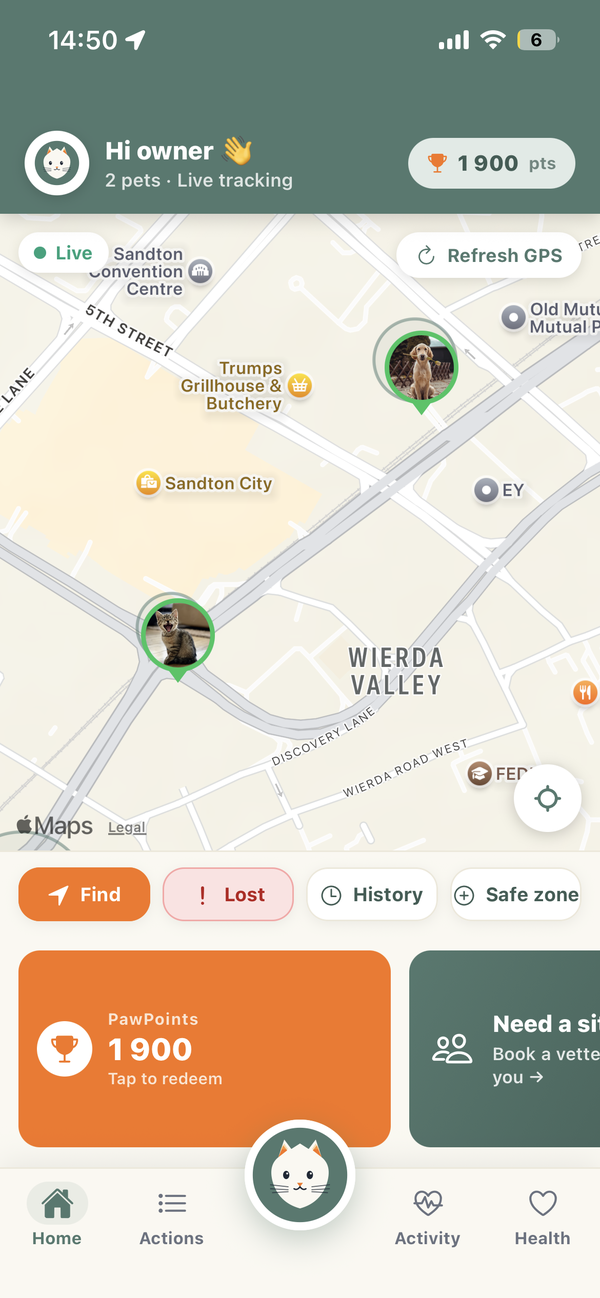 Winkeey home screen — live pet map, action strip, and rewards